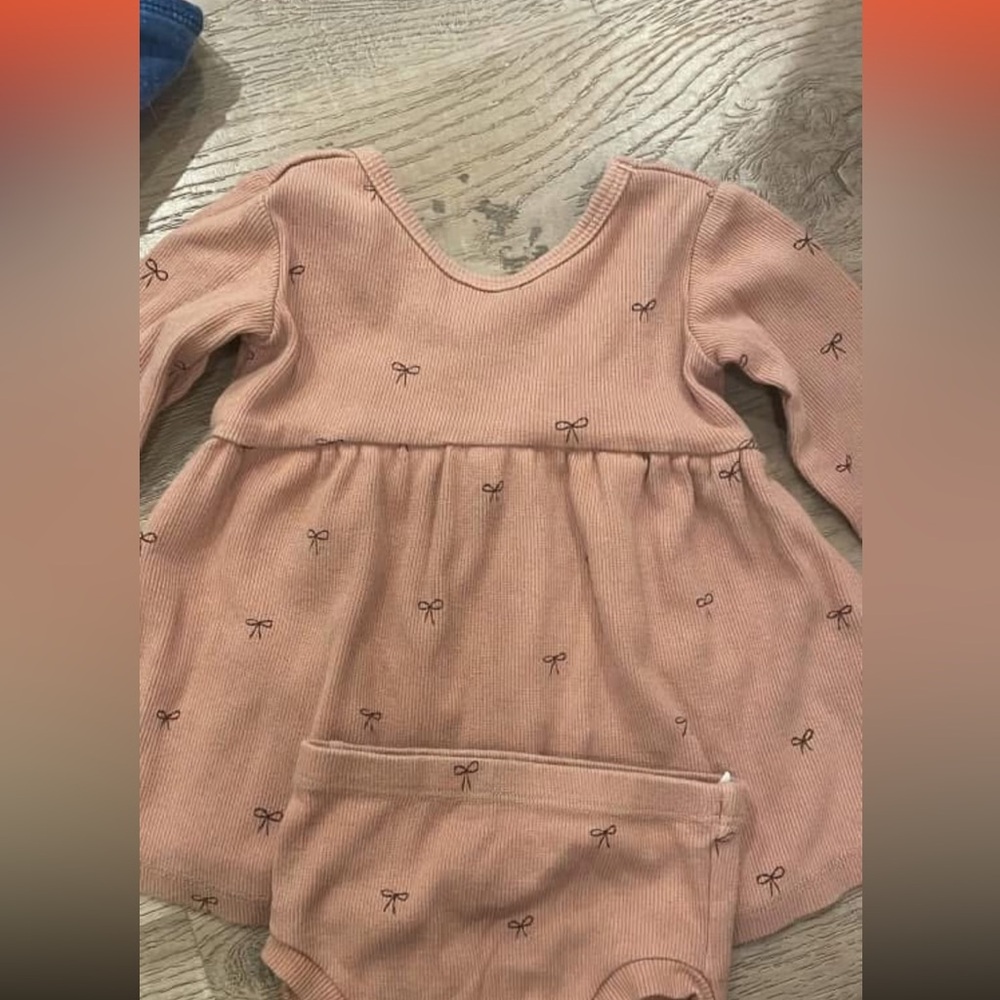 Pink Bow Patterned Baby Dress and bloomers